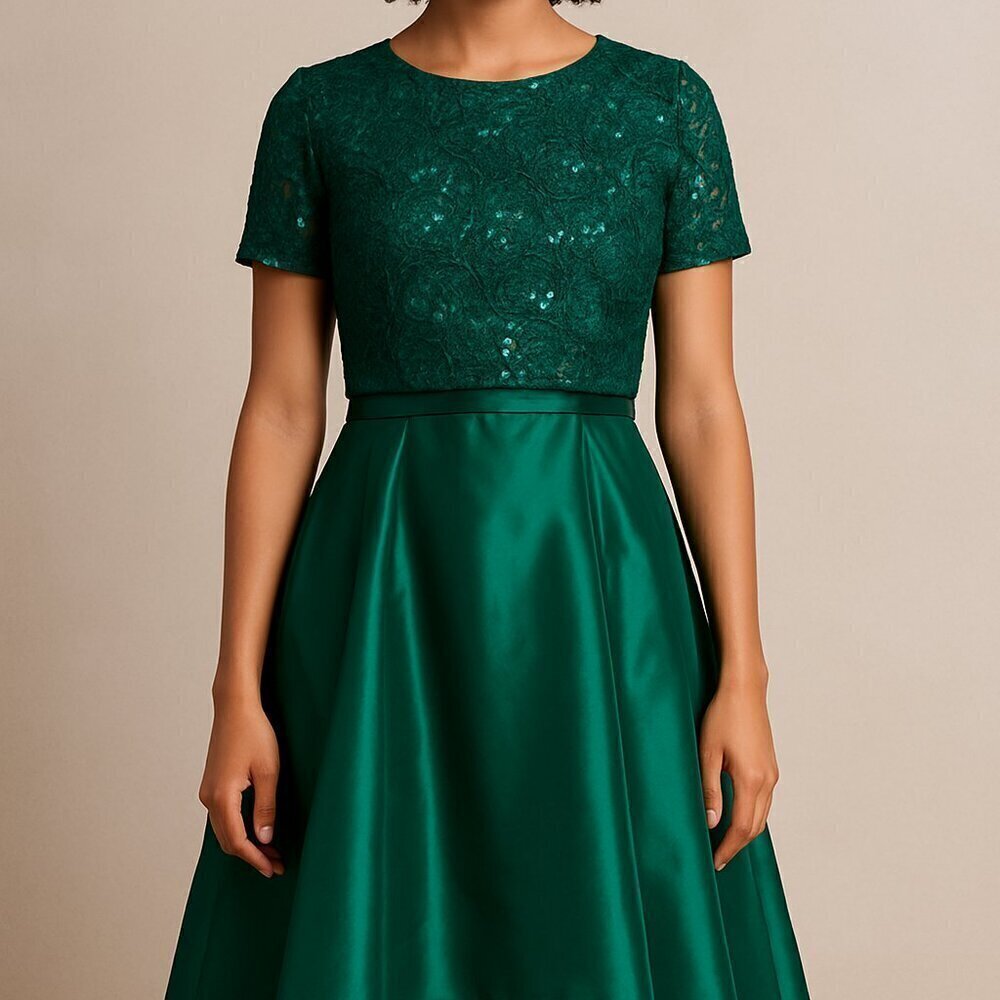 Badgley Mischka Deep Emerald Lace Bodice High-Low Dress